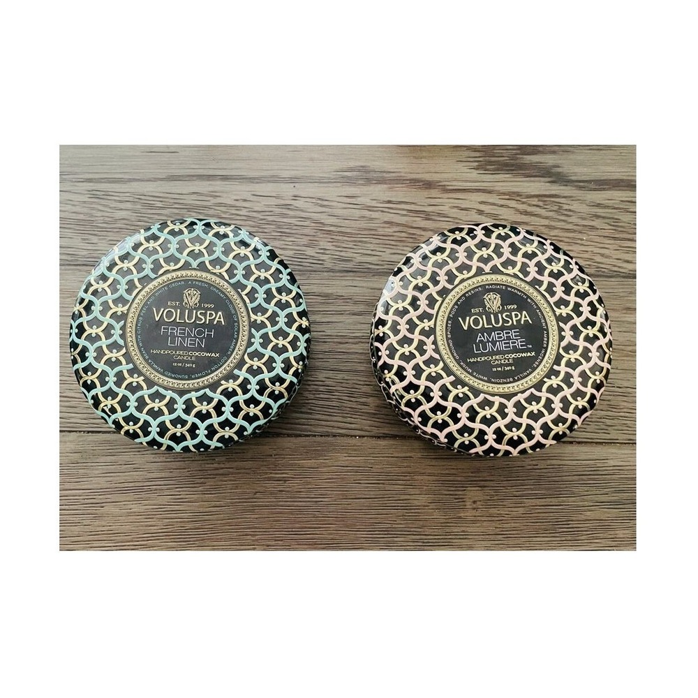 Voluspa 3 Wick Candle Lot of 2 Mixed Scents Decorative Tin 12 oz New Unused